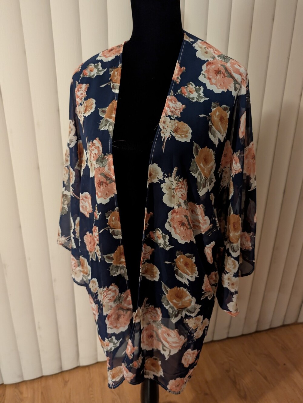 B + B Navy Floral Kimono Cardigan L | Peach Rose Sheer Duster | Boho Cover Up